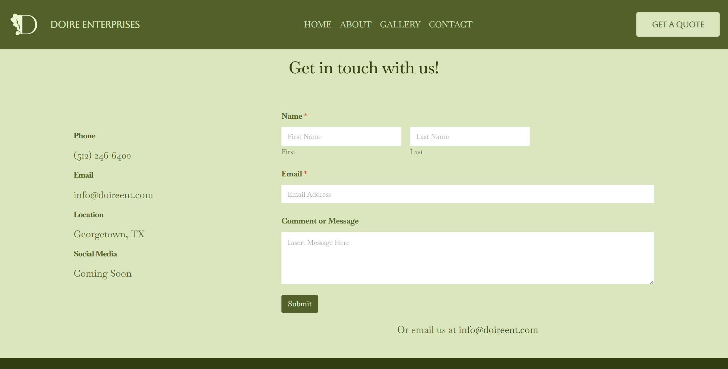 snapshot of a webpage that says "contact" and has a form to fill out for contact along with some business information