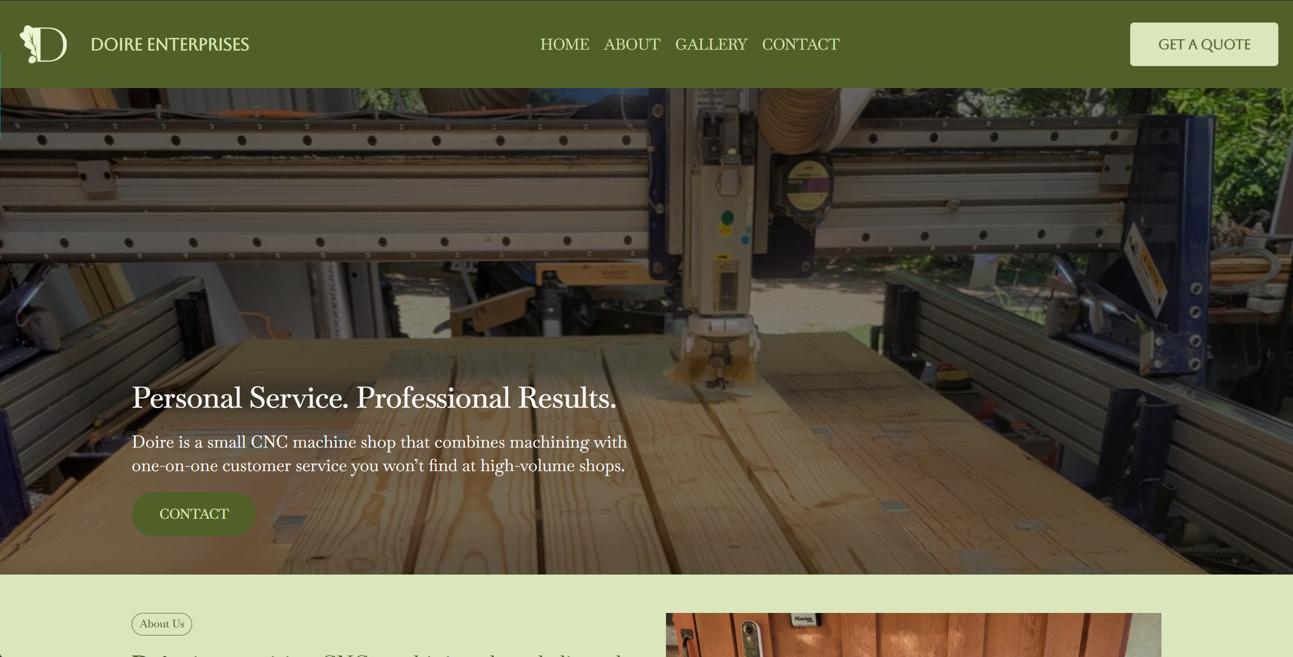 snapshot of a webpage that says "doire" and "about" with information about the company