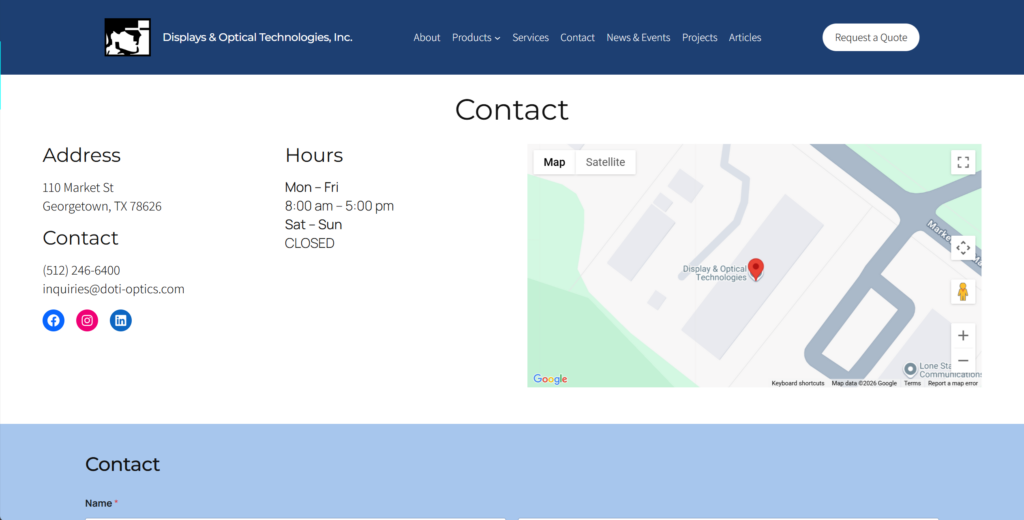 snapshot of a webpage that is titled "contact" with contact information and a small map