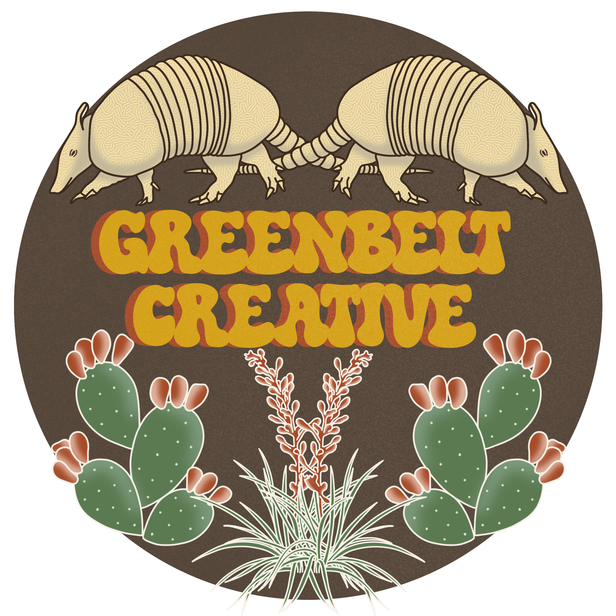 two armadillos on top of a groovy font that says "greenbelt creative" with prickly pear cactus and red yucca flowers below