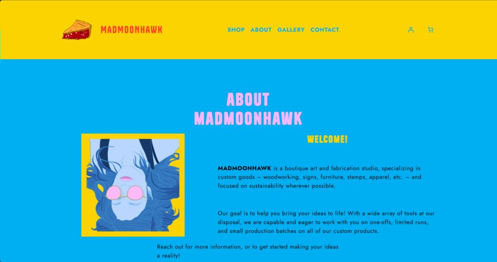 snapshot of a webpage that says "about", has a cartoon drawing of a woman, and has some information about the business