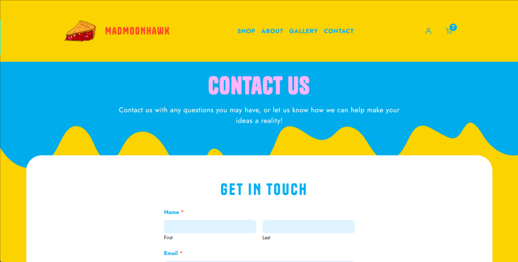 snapshot of a webpage that is titled "contact" with a contact form