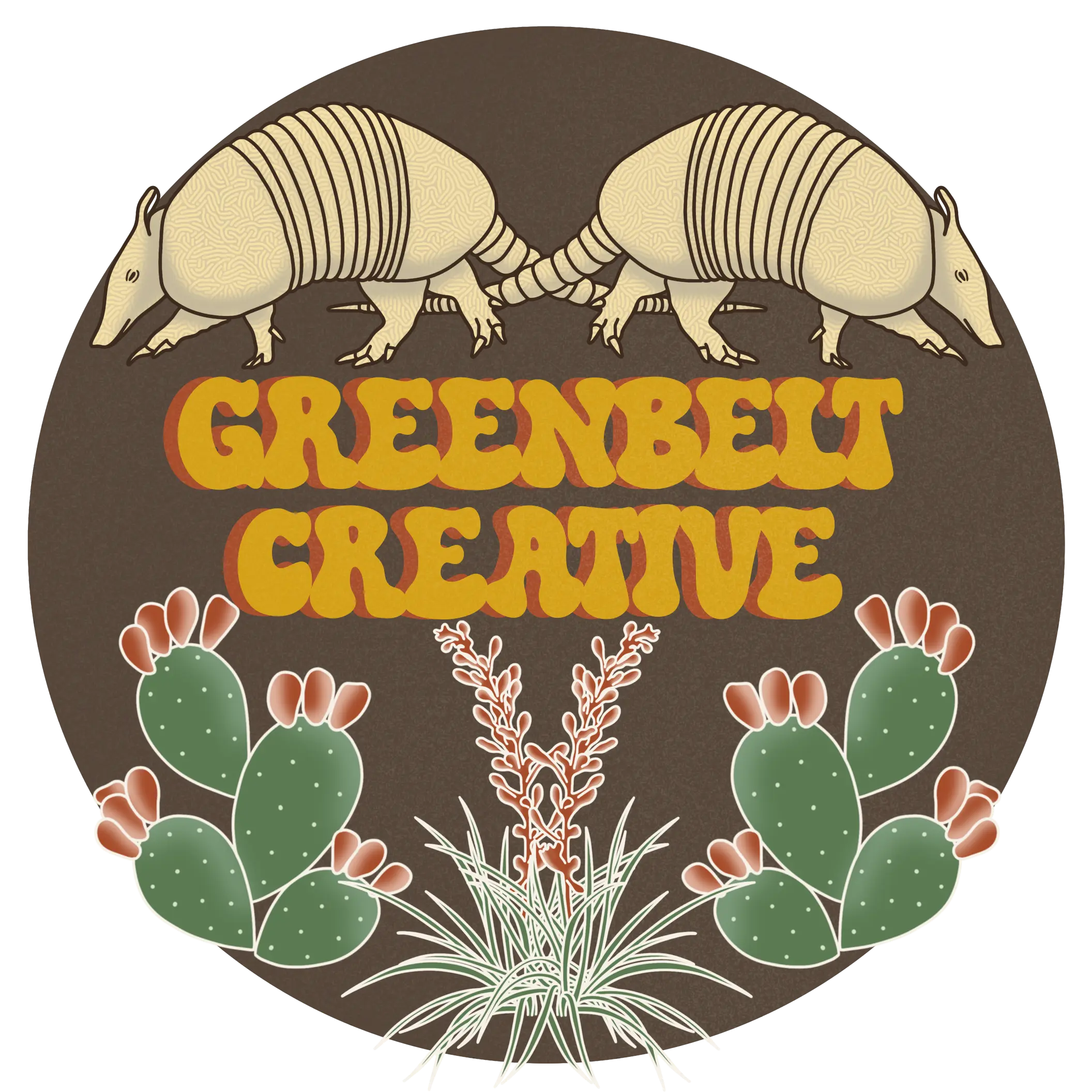 two armadillos on top of a groovy font that says "greenbelt creative" with prickly pear cactus and red yucca flowers below